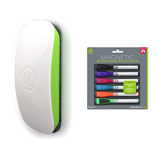 U Brands Magnetic Dry Erase Board Eraser, Felt Bottom Surface, 4.5 x 2.25 x 1 Inches & Low Odor Magnetic Dry Erase Markers with Erasers, Medium Point, Assorted Colors, 6-Count - 520U06-24
