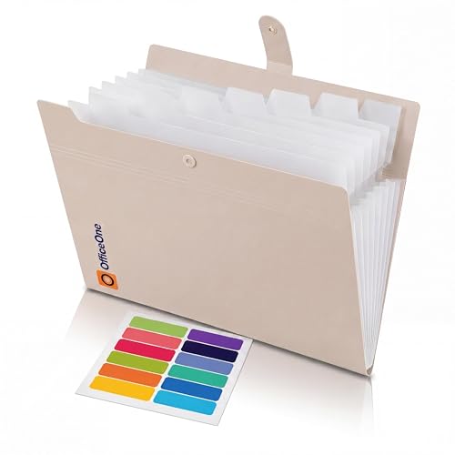 OfficeOne 8-Pocket Expanding File Folder, A4 Letter Size Accordion Document Organizer with Snap Closure, Labeled Tabs & Customizable Color-Coding Stickers, Home Office School (Soft Cream) - color: Soft Cream