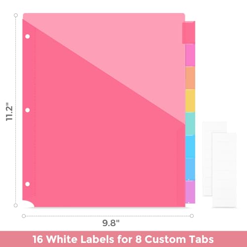 SKYDUE Binder Dividers with Tabs and Pockets,8 Tab Dividers for 3 Ring Binder, Plastic Binder Dividers with 2 Pockets & 16 Blank Labels, Red - color: Style B(red)