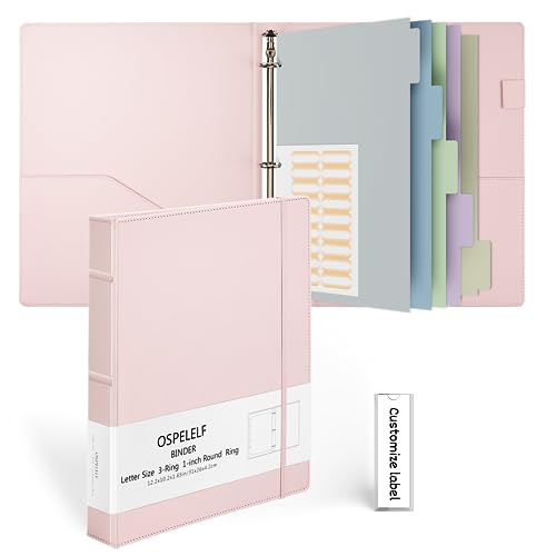 Ospelelf Vintage Hardcover 3 Ring 1 inch Leather Binder, Professional Binders Organizer Suitable for Letter Size Documents, Binder Dividers with Tabs, Faux Pink Leather - color: Pink, size: Letter Size - 1 Inch Ring