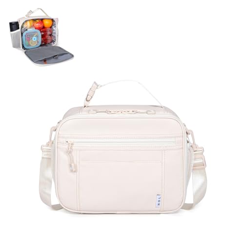 NOL Natural Organic Lifestyle Reusable Insulated Kids Lunch Bag – Water-Resistant Easy-Clean Fabric, Multiple Zip Pockets, Holds Lunch Box & Water Bottle for School, Cream - color: Cream, size: Horizontal (6 Liters)