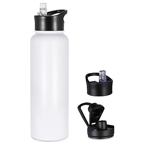 40 oz Insulated Water Bottle with Straw, Stainless Steel Sports Water Bottles with 2 Lids (Straw and Wide Mouth lid), Double Wall Vacuum, Leakproof, BPA-Free, White - color: White, size: 40 Ounces
