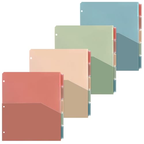 4 Sets Back to School 5 Tab Plastic Binder Dividers, Plastic Index with Pocket for 3 Ring Binder, Colorful Letter Size Sheet Protector for Office Business Organization Supplies(Retro Color) - color: Retro Color