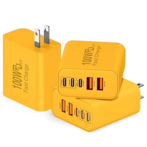QZIIW USB C Wall Fast Charger Block, 100W 5-Port Type C Fast Charging Block 3 Pack-PD Power Charger Adapter QC 3.0 USB Multiport Charger Brick for iPhone 17 16, Samsung Series MacBook/Air, iPad, etc. - color: Yellow