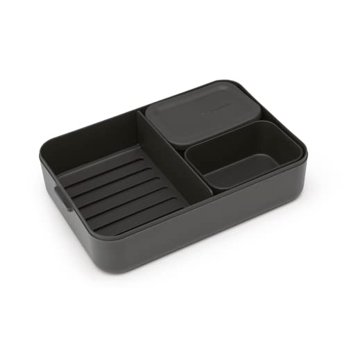 Brabantia Make & Take Bento Lunch Box (Dark Gray) 2 Compartments & Lidded Pot, Lift-Out Tray Divider, BPA-Free, Airtight Snap Locks, Microwave & Freezer Safe, Travel Meal Prep Container, 68oz - color: Dark Gray, style: Bento Lunch Box