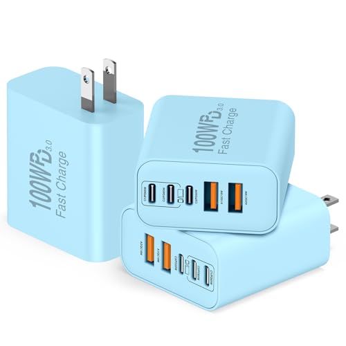 QZIIW USB C Wall Fast Charger Block, 100W 5-Port Type C Fast Charging Block 3 Pack-PD Power Charger Adapter QC 3.0 USB Multiport Charger Brick for iPhone 17 16, Samsung Series MacBook/Air, iPad, etc. - color: Blue