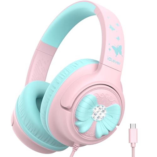 iClever C371 USB C Kids Headphones with Cord for School Boys Girls Travel | SafeSound Tech3.0, Stereo Sound, Foldable, Durable Headband, Lightweight, Safe Wired Headphones for Kids, Cloud Pink - color: Cloud Pink
