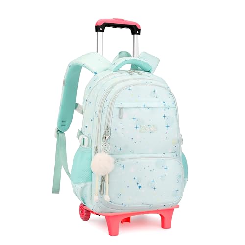 Star Print Rolling Backpack for Girls Kids Backpack with Wheels Roller Bookbag Trolley School Bag Wheeled Bag Green - color: 2 Wheels 05 Green, style: 2 Wheels