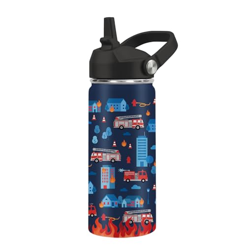 Kids Water Bottle Insulated - Fire Truck Water Bottle for Kids, 16oz Stainless Steel Insulated Water Bottles with Straw Lid, Leakproof BPA-Free Fire Truck Water Bottles for Travel Sports - color: Fire Truck#blue, size: 16 Ounces