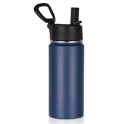 Volhoply Kids Insulated Water Bottle with Straw,16oz Stainless Steel Cold Water Bottles for School,BPA-Free Metal Wide Mouth Cups with Handle Lid,Reusable Double Wall Vacuum Sport Flask(Navy,1) - color: Navy