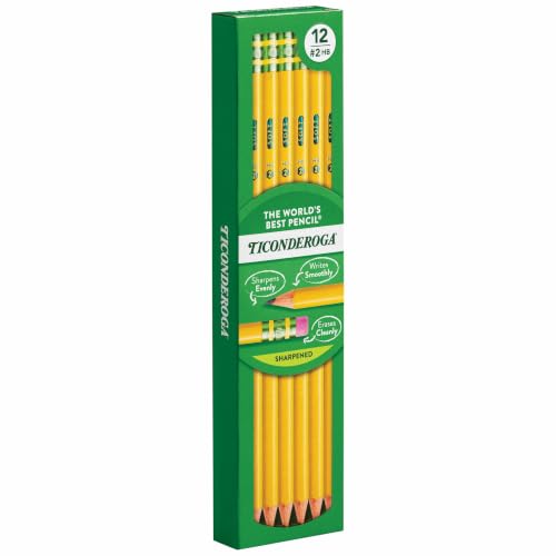 Ticonderoga Wood-Cased Pencils, Pre-Sharpened, 2 HB Soft, Yellow, 12 Count - size: 12 Count (Pack of 1), style: #2 Soft, Sharpened