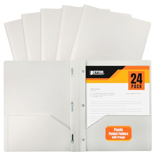 Better Office Products White Plastic 2 Pocket Folders with Prongs, 24 Pack, Heavyweight, Letter Size Poly Folders with 3 Metal Prongs Fastener Clips, White