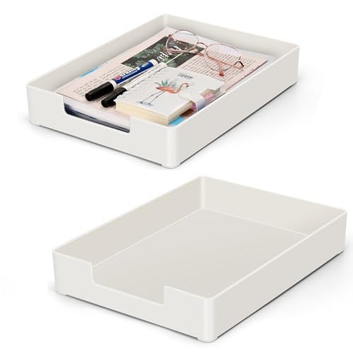 Letter Tray Letter Organize,2Pack Paper Tray,Stackable Desk Drawer Organizer for Office Supplies, Magazines, Folders, File,Notebooks, Stationery, Plastic Desk Tray for Desktop, for Home,Office, School - color: White&white