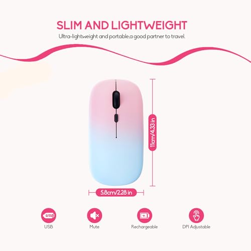 LED Wireless Mouse, Slim Silent Dual-Mode 2.4G+BT Rechargable 7-Color Portable Mobile Optical Office Mouse with USB Receiver, 3 Adjustable Levels for Notebook, PC,Computer, MacBook (Gradient pink) - color: Gradient pink