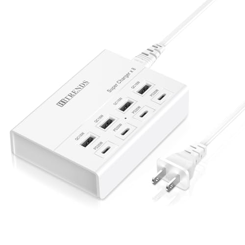 USB Charger with USB C PD20W and USB A QC18W, HITRENDS 60W PD Fast Charging Station, 5ft 8-Port Multiple Desktop Multi Port USB Charging Hub Compatible with iPad iPhone 17/16/15/14, Galaxy S24/S23/S22 - color: White