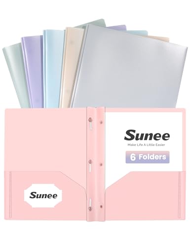 SUNEE 3-Prong Plastic Folders with Pockets (6 Pack, Pastel Colors) 2 Pocket Folders with Fasteners, Tear-Resistant Plastic Pockets, and Fit Letter Size Paper, Use for School Office Home Business - color: Pastel Colors, style: 6 Pack