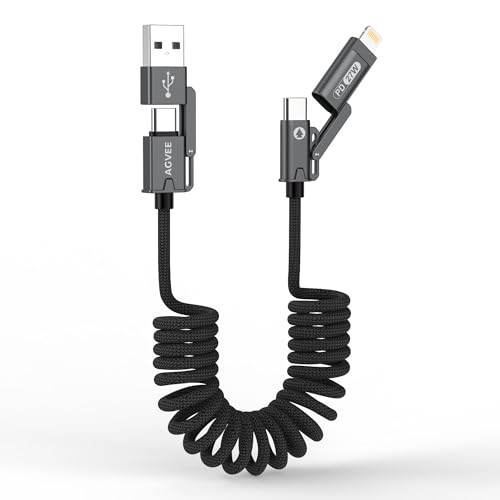 AGVEE 5ft 4-in-1 Coiled Multi Charging Charger Data Transfer Cable | Secure-Slide No-Loss Adapters, Slim Tips Fit Thick Cases, Lightning End Reinforced, PD 60W for iPhone Carplay, Android Auto - color: Black, size: 5ft, style: Braided 4 in 1