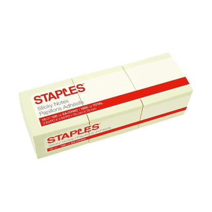Staples Sticky Notes, 3" x 3", Yellow, Recycled Paper, 1800 Sheets – Eco‑Friendly Self‑Stick Notes for Home, School & Office - size: 3'' x 3'', style: 18 Pack
