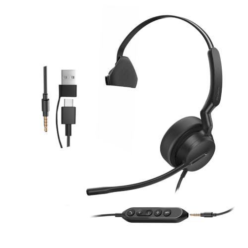 Yealink UH42 SE Wired Headset with Mic, USB-A/C & 3.5MM Single Computer Headsets with Noise Cancelling Microphone for PC, Laptop, Phone, 7ft Cable in-Line Control Headphones Work with Teams, Zoom, UC - color: Single-Ear, size: 3.5mm & USB-C/A