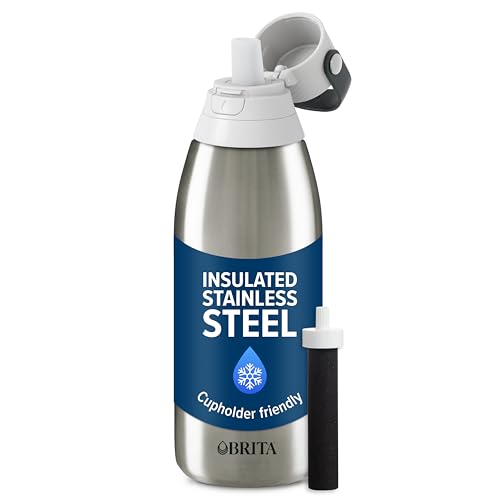 Brita Stainless Steel Premium Filtering Water Bottle, BPA-Free, Reusable, Insulated, Replaces 300 Plastic Water Bottles, Filter Lasts 2 Months or 40 Gallons, Includes 1 Filter, Stainless - 32 oz - color: Stainless Steel, size: 32 Ounces