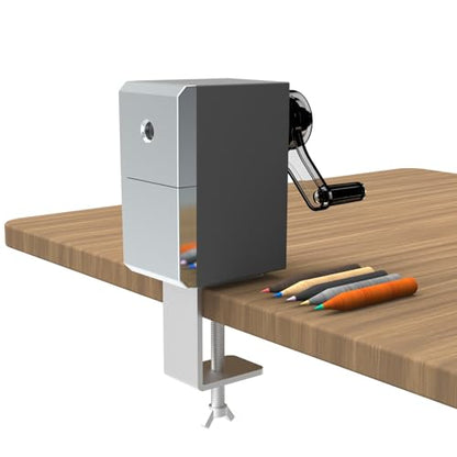 Premium Desktop Manual Pencil Sharpener, Desk Mount Design with Metal Clamp, Alloy Steel Hob，Hand Crank Operation, Silver and Gray