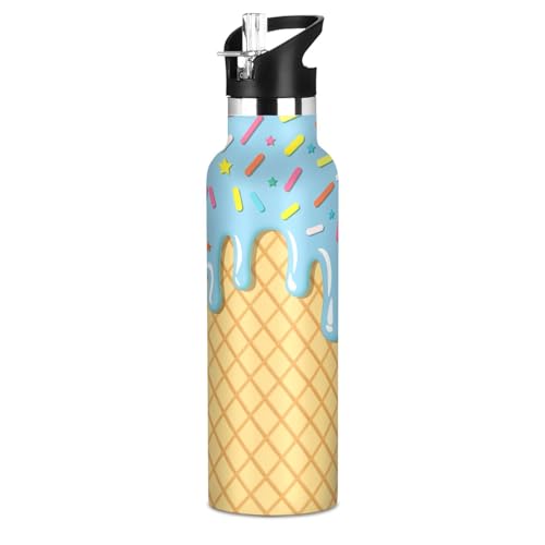 Water Bottle with Straw Ice Cream Blue Kids Sports Water Jug for Boys and Girls Stainless Steel Insulated Cup 20 oz for School Gym Outdoor - color: Ice Cream