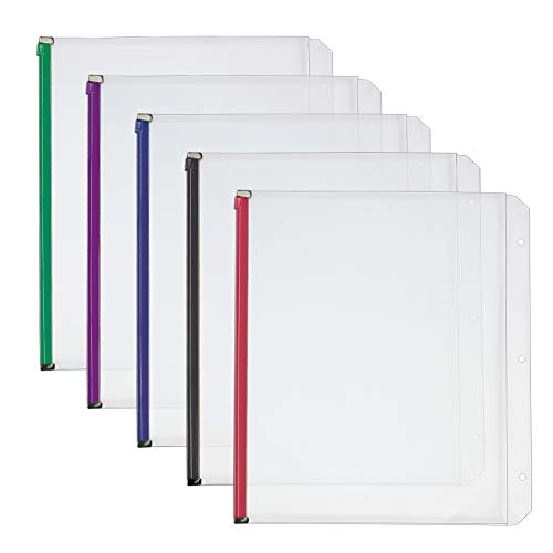Cardinal Plastic Zippered Binder Pockets, 3-Hole Punched, Fits Full Letter Size 8-1/2" x 11" Sheets, Clear with Multicolor Zippers, 5-Pack (14650) - size: Letter