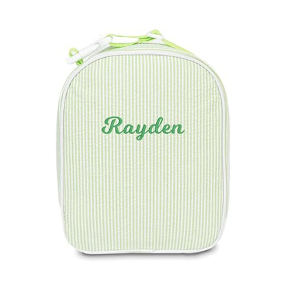 MT WORLD Personalized Lunch Bag Tote Custom Embroidery Name Reusable Seersucker Stripe Pattern Insulated Lunch Box - color: Green