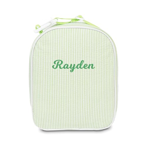 MT WORLD Personalized Lunch Bag Tote Custom Embroidery Name Reusable Seersucker Stripe Pattern Insulated Lunch Box - color: Green