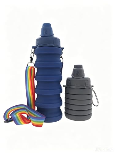 Collapsible Water Bottles Silicone Foldable Reusable Leakproof Travel Water Bottle 17.6oz With Mountaineering Buckle And Adjusting Rope For Sports Camping Hiking Cycling Yoga（Dark Gray And Dark Blue） - color: Dark Gray + Dark Blue