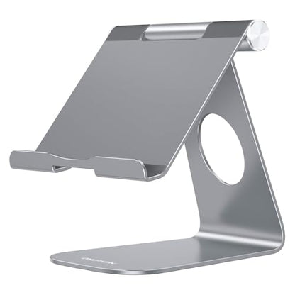 OMOTON T1 Adjustable Tablet Stand for Desk, Aluminum Holder for iPad Grey | Solid Metal Build | Charging Cutout | Anti-Slip Silicone Pads | Multi-Angle Adjustable | Fits 3.5-12.9" | Holds Thick Cases - color: Grey