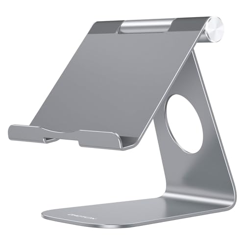 OMOTON T1 Adjustable Tablet Stand for Desk, Aluminum Holder for iPad Grey | Solid Metal Build | Charging Cutout | Anti-Slip Silicone Pads | Multi-Angle Adjustable | Fits 3.5-12.9" | Holds Thick Cases - color: Grey