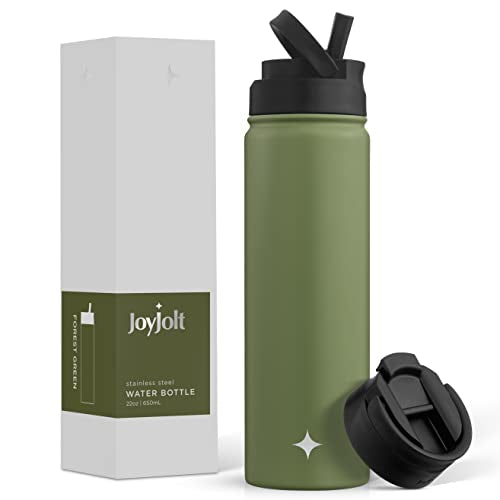 JoyJolt Triple Insulated Water Bottle with Straw Lid AND Flip Lid! 22oz Water Bottle, 12 Hour Hot/Cold Vacuum Insulated Stainless Steel Water Bottle. BPA-Free Leakproof Water Bottles - Thermos Bottle - color: Forest Green, size: 22 Ounces