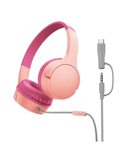 Belkin SoundForm Mini Kids Wired Headphones w/USB C to 3.5mm Dongle, Built-in Mic & Fun Stickers, 85dB Max Volume – for Online Learning, Travel, Compatible w/iPhone 16, iPad, Galaxy S25, etc - Pink - color: Pink, style: Wired (USB-C)