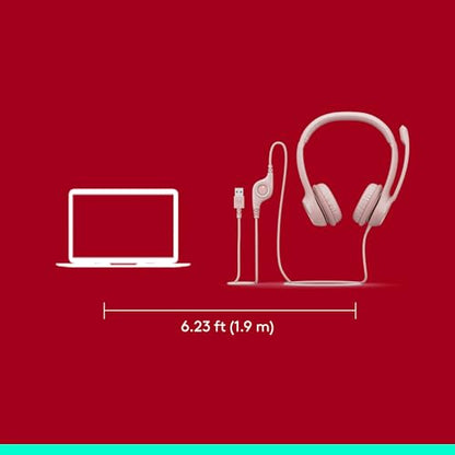 Logitech H390 Wired Headset for PC/Laptop, Stereo Headphones with Noise Cancelling Microphone, USB-A, in-Line Controls for Video Meetings, Music, Gaming and Beyond - Rose (Renewed)