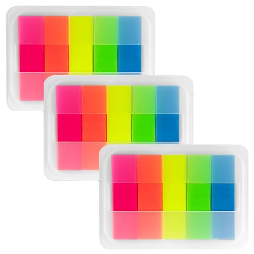 Essex Wares - 300 Pieces - Transparent Sticky Notes Tabs with Case - 5 Bright Colors - 3 Cases - 1.8" x 0.4" - 60 Pieces Each Color - Pop Up Index Tabs - Book Flags for Annotating - Book Sticky Tabs - color: Bright Colors