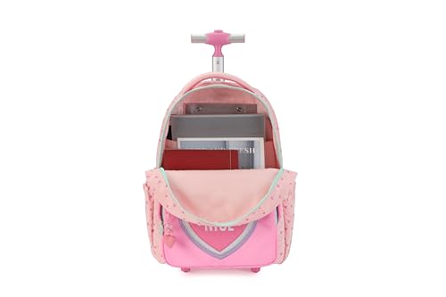 Wheels Rolling Kids Backpack for Elementary Luggage School Trolley Bag with Lunch Box 3pc Set (HEART PINK) - color: Heart Pink