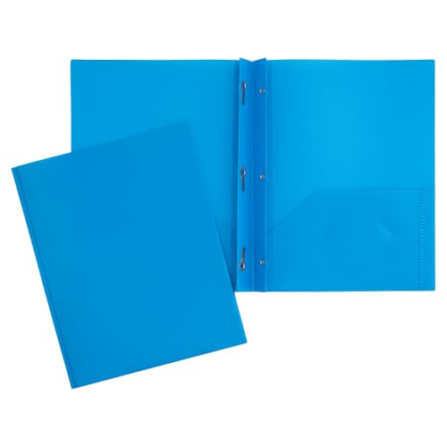 JAM PAPER Plastic Color POP Folders - 2 Pocket Durable Folders with Metal Prongs Fastener Clasps - Blue - 6/Pack - color: Light Blue, size: 6 Per Pack
