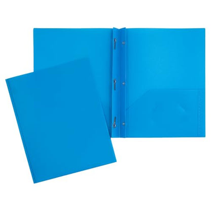 JAM PAPER Plastic Color POP Folders - 2 Pocket Durable Folders with Metal Prongs Fastener Clasps - Blue - 6/Pack - color: Light Blue, size: 6 Per Pack