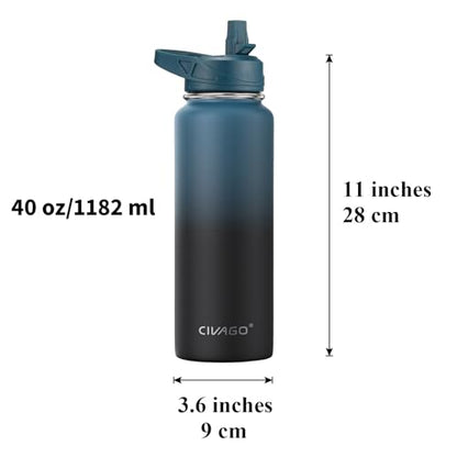 CIVAGO 40 oz Insulated Water Bottle With Straw, Stainless Steel Sports Water Cup Flask with 3 Lids (Straw, Spout and Handle Lid), Double Walled Travel Thermal Canteen Mug, Indigo Black - color: .Indigo Black, size: 40 Ounces