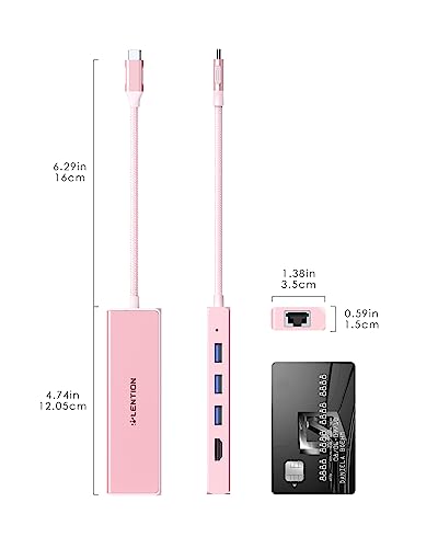 LENTION USB C Hub with Gigabit Ethernet Adapter, 4K HDMI, 3 USB 3.0 Port for MacBook Pro, New Mac Air, Surface, Chromebook, More, Stable Driver Certified (CB-C25, Rose Gold)