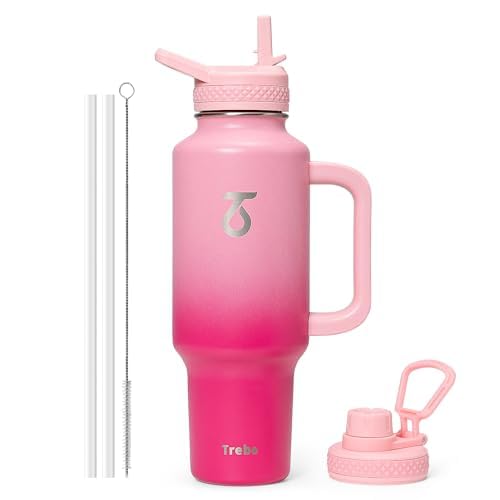 Trebo Insulated Water Bottle 40oz Fits in Car Cup Holder with Side Handle | Stainless Steel Metal Tumbler with Straw Spout Lids, Triple-Wall Vacuum Copper Plated, Cold 48 Hrs Hot 24 Hrs for Travel, Gym - color: Pink, size: 40 Ounces