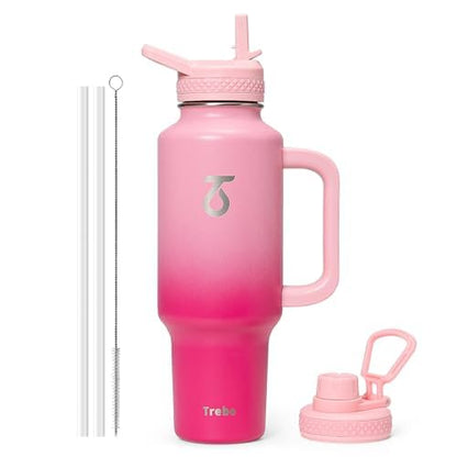 Trebo Insulated Water Bottle 40oz Fits in Car Cup Holder with Side Handle | Stainless Steel Metal Tumbler with Straw Spout Lids, Triple-Wall Vacuum Copper Plated, Cold 48 Hrs Hot 24 Hrs for Travel, Gym - color: Pink, size: 40 Ounces
