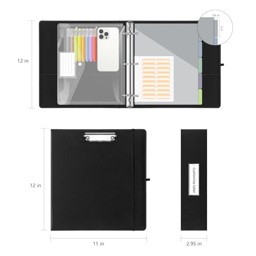 Leather 3 Ring Binder, 2 Inch Binders with Clipboards, 5-Tabs Pockets Dividers, 18 Divider Stikers, Plastic Folder, Pen Holder, Three Ring Binder with Pen Holder(Black, Letter Size) - color: Black, size: 2in（Letter Size）