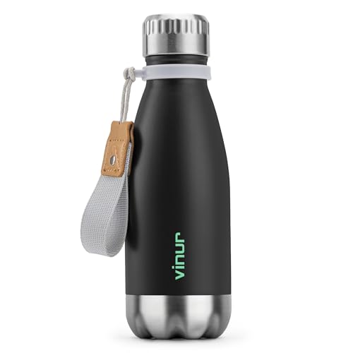 Small Water Bottle-9 oz Leak Proof Stainless Steel Water Bottle for Purse | Double Wall Vacuum Insulated Water Bottle for Travel, School, Cola Shape Flask with Carry Rope for Boys and Girls (Black) - color: Black, size: 9 Ounces