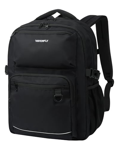 WATERFLY College Backpack for Students: 25L School Backpack with 15.6-16" Laptop Anti-shock Compartment & Trolley Sleeve, Bookbag for Women Men, Water-Resistant Lightweight Daypack for Travel Work - color: Black