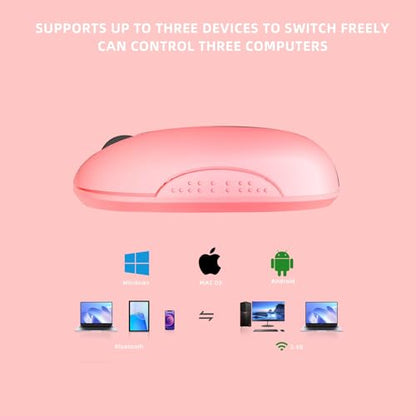 ONE-UP Wireless Mouse, 2.4G, Bluetooth5.0/3.0, Sound and Quiet Click, USB Nano Receiver, for Laptop, Chromebook, PC, Mac, Windows (Pink)