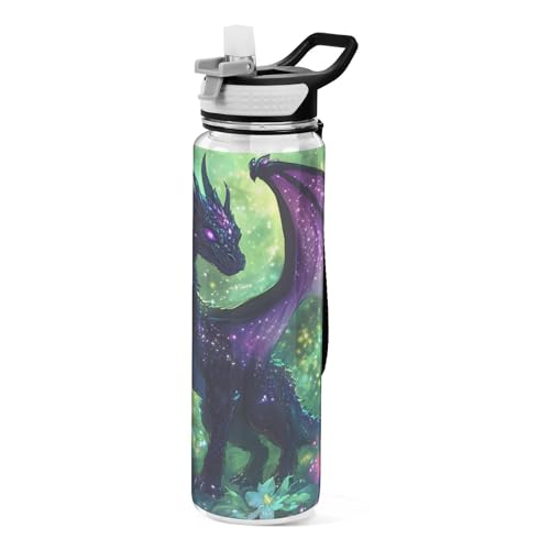 ALAZA Forest Purple Dragon Water Bottle with Straw,Leakproof Tritan Clear Sports Water Bottle Kids Water Bottle for School Outdoor Sports Drinking,32 oz - color: Forest Purple Dragon, size: Large