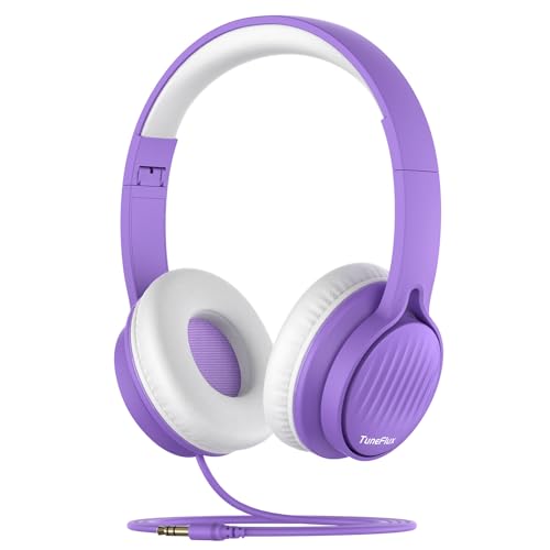 TuneFlux Upgraded Kids Headphones, Wired Toddler Headphones, 85dB Limited Volume On Ear Headphones, Portable Foldable Design, Stereo Sound Kids Headsets for School/Tablet/Travel-Purple - color: Purple