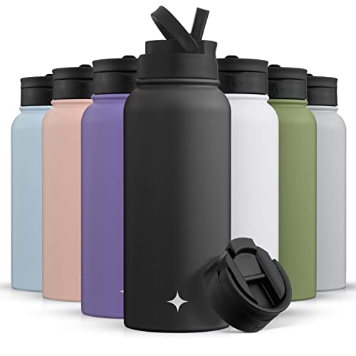 JoyJolt Triple Insulated Water Bottle with Straw Lid AND Flip Lid! 32oz Large Water Bottle, 12 Hour Hot/Cold Vacuum Insulated Stainless Steel Bottle. BPA-Free Leakproof Water Bottles - Thermos Bottle - color: Matte Black, size: 32 Ounces